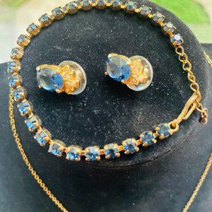 3 ITEM SET Blue topaz Gemstone 925 Gold Plated Stud Earrings, Necklace, Bracelet